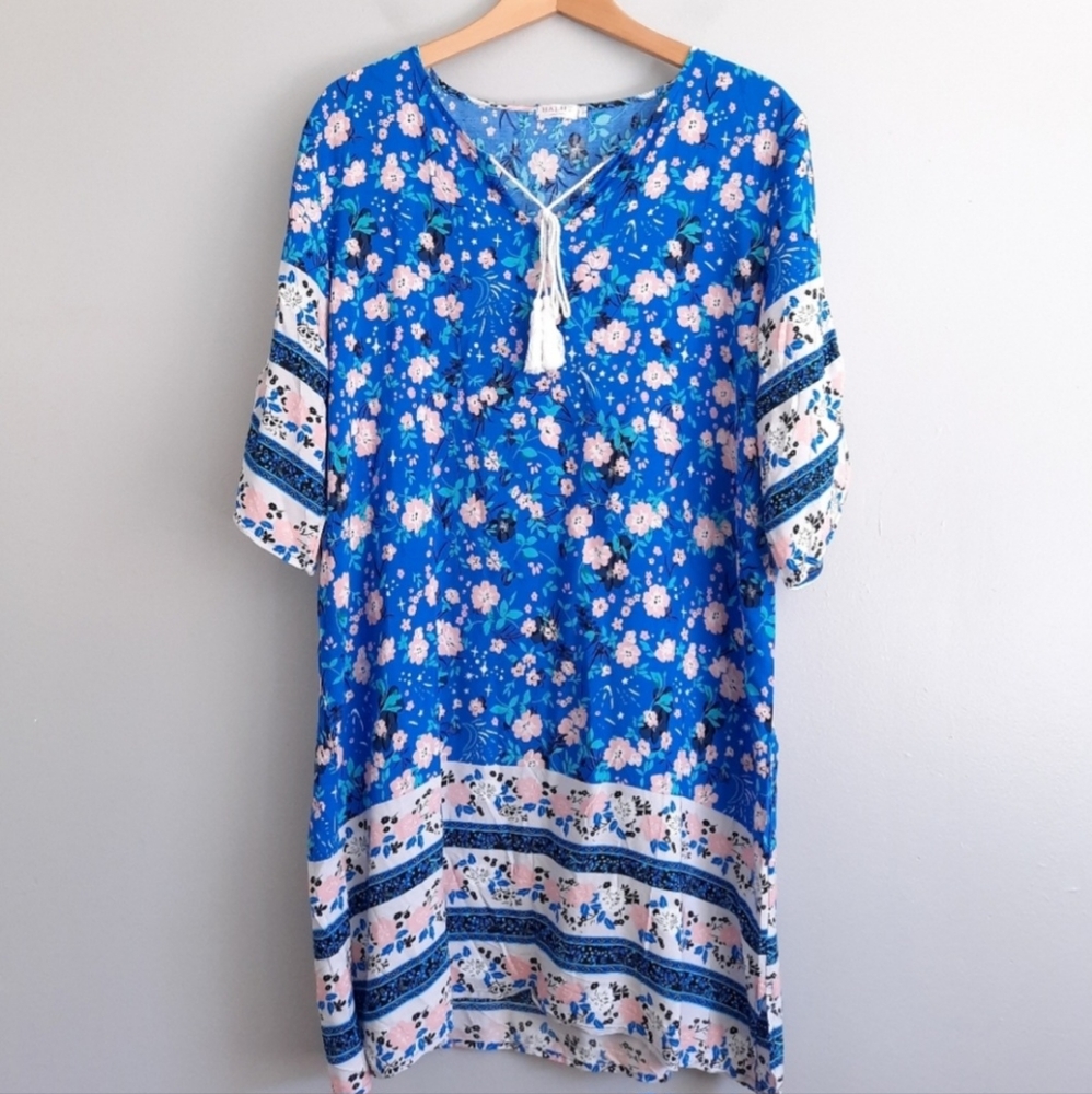 Halife Blue Long Sleeve Floral Bohemian Dress